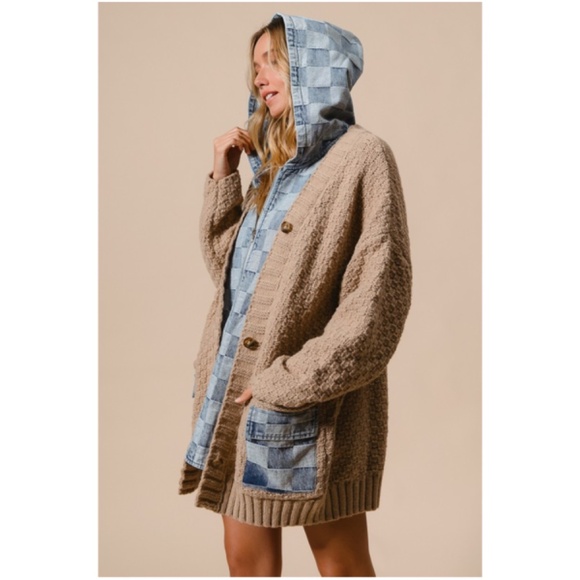 Cozy Checkered Plaid Denim Mixed Fabric Knit Cardigan Jacket Shacket - Picture 6 of 8